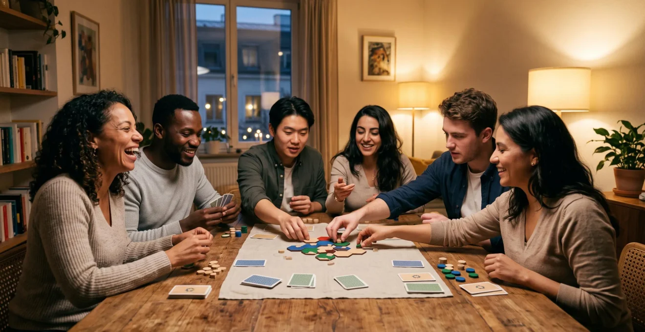 Groupe d'adultes concentrés et souriants autour d'une table pendant une soirée de jeu de société moderne
