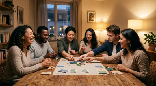 Groupe d'adultes concentrés et souriants autour d'une table pendant une soirée de jeu de société moderne
