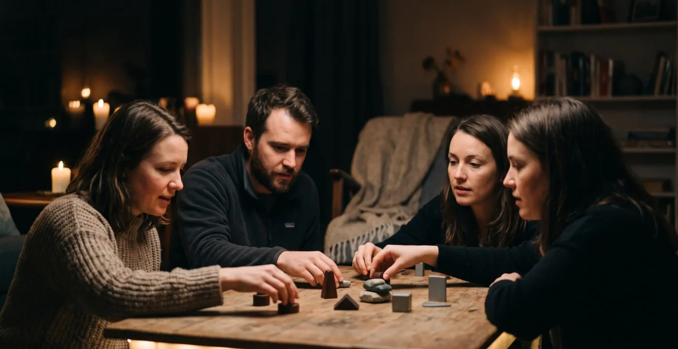 Groupe de joueurs et meneur de jeu immerges autour d'une table, utilisant des aides visuelles pour une partie de jeu de role plus claire et immersive.