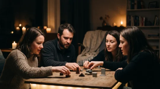 Groupe de joueurs et meneur de jeu immerges autour d'une table, utilisant des aides visuelles pour une partie de jeu de role plus claire et immersive.