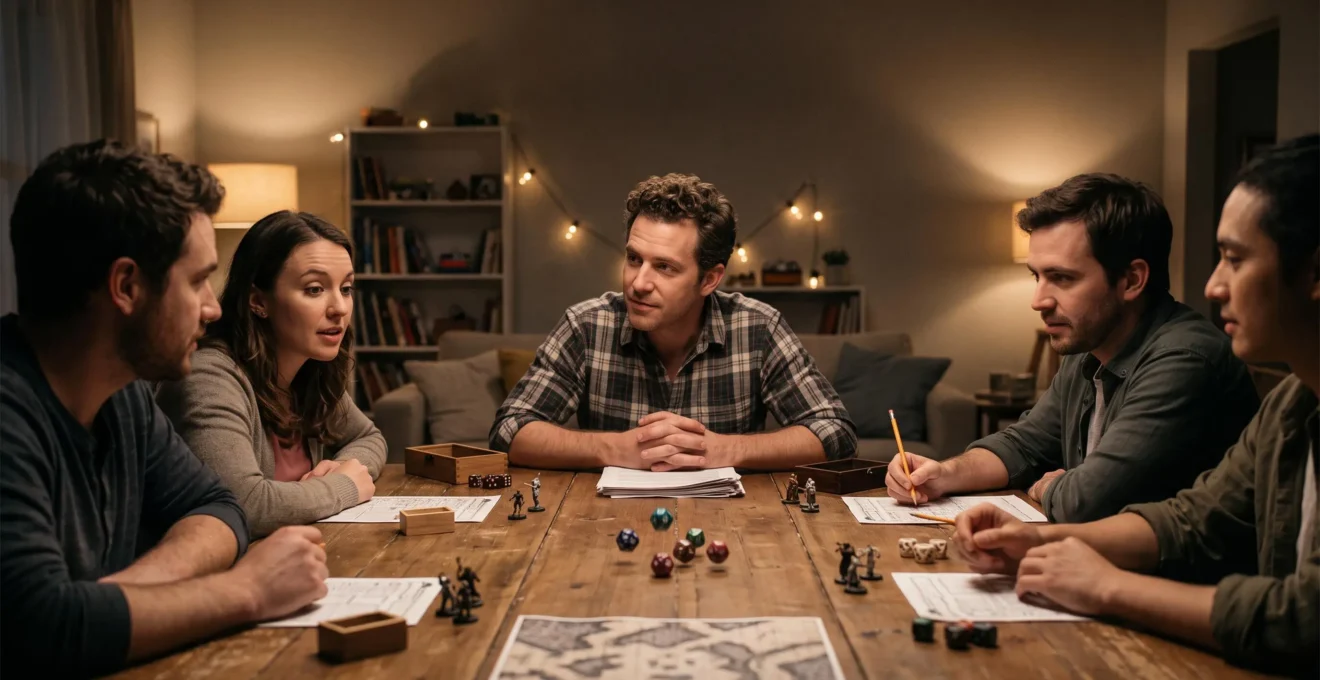Un meneur de jeu tranche une décision en quelques secondes autour d'une table de jeu de rôle plongée dans une lumière chaude, sous le regard attentif des joueurs