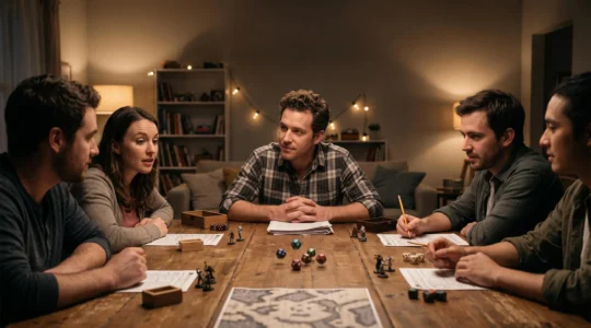 Un meneur de jeu tranche une décision en quelques secondes autour d'une table de jeu de rôle plongée dans une lumière chaude, sous le regard attentif des joueurs