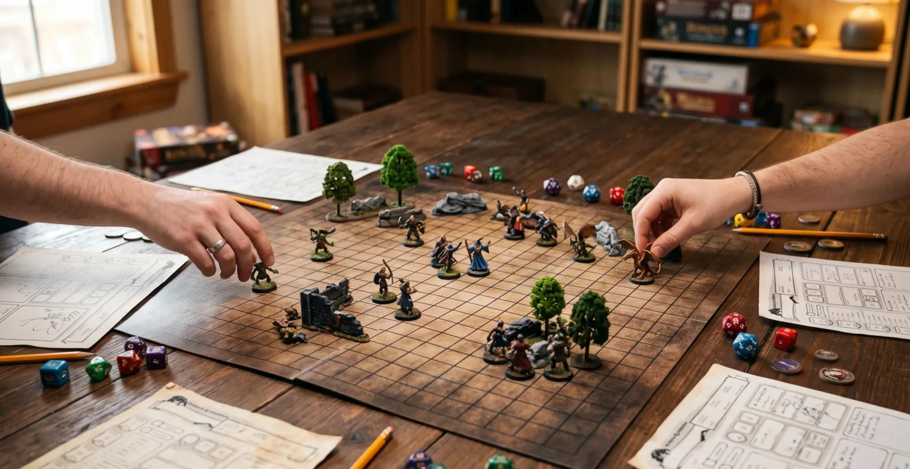 Battlemat effacable installe sur une table de jeu de role avec figurines et des ambiance chaleureuse