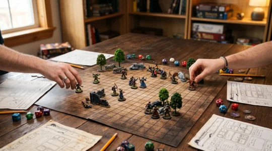Battlemat effacable installe sur une table de jeu de role avec figurines et des ambiance chaleureuse