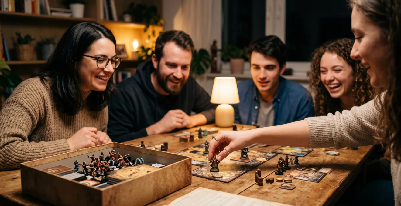 Boite de jeu de plateau richement illustree posee sur une table en bois, entouree de figurines et de cartes evoquant un univers de jeu video