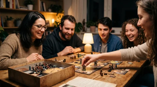 Boite de jeu de plateau richement illustree posee sur une table en bois, entouree de figurines et de cartes evoquant un univers de jeu video