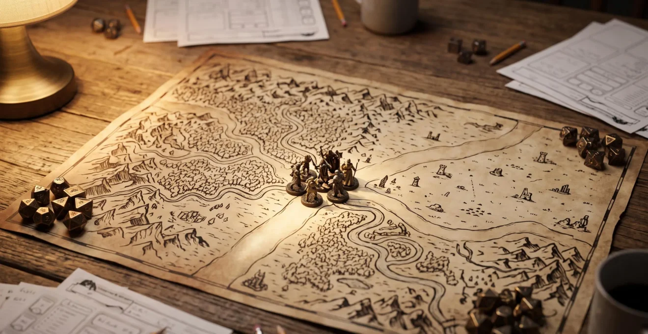 Carte de jeu de rôle sur table avec figurines à un carrefour symbolisant le choix entre structure sandbox, linéaire et hybride