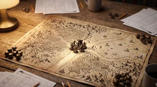 Carte de jeu de rôle sur table avec figurines à un carrefour symbolisant le choix entre structure sandbox, linéaire et hybride