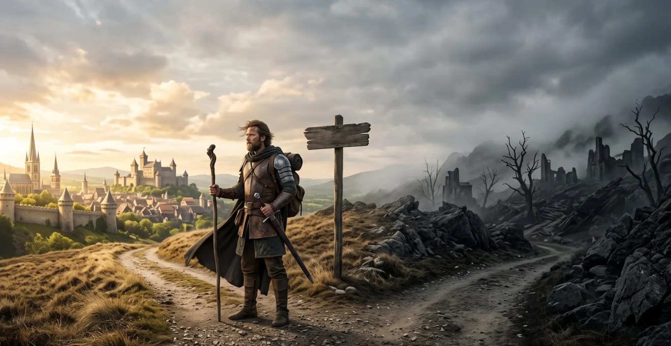 Un aventurier solitaire se tient à un carrefour entre un royaume lumineux et idéalisé et un paysage sombre et ravagé, symbolisant le choix entre fantasy héroïque classique et dark fantasy.