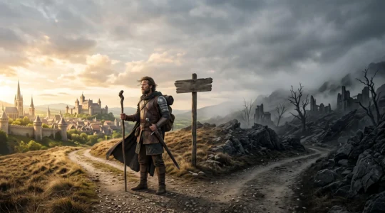Un aventurier solitaire se tient à un carrefour entre un royaume lumineux et idéalisé et un paysage sombre et ravagé, symbolisant le choix entre fantasy héroïque classique et dark fantasy.