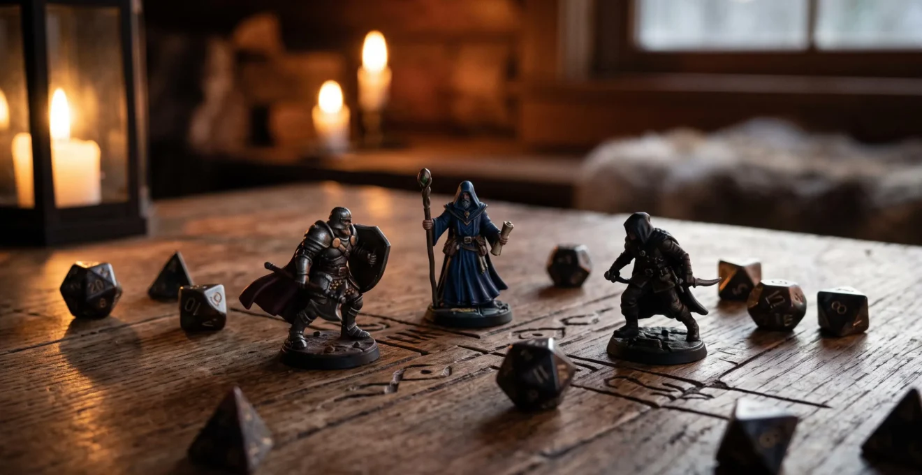 Table de jeu de rôle en bois avec dés, figurines et lumière de bougie évoquant le choix d'une classe de héros pour un premier personnage