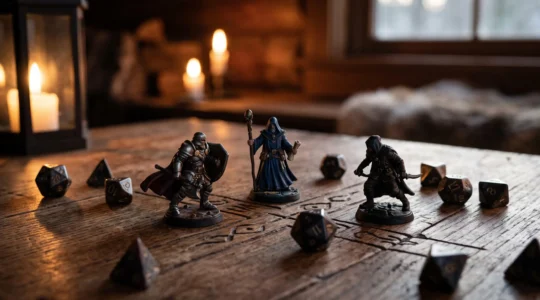 Table de jeu de rôle en bois avec dés, figurines et lumière de bougie évoquant le choix d'une classe de héros pour un premier personnage