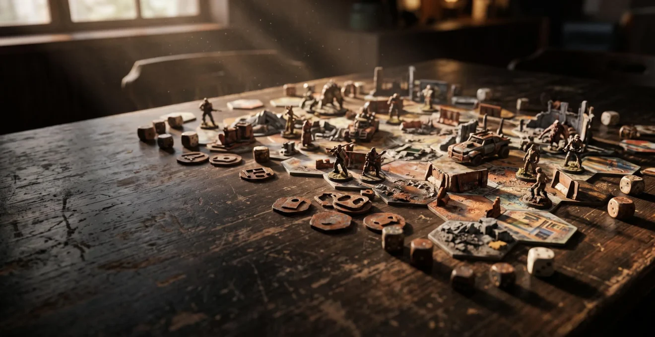 Une table de jeu de societe post-apocalyptique avec des figurines et des tuiles evoquant l'univers Fallout, eclairee par une lumiere chaude et poussiereuse