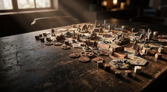 Une table de jeu de societe post-apocalyptique avec des figurines et des tuiles evoquant l'univers Fallout, eclairee par une lumiere chaude et poussiereuse