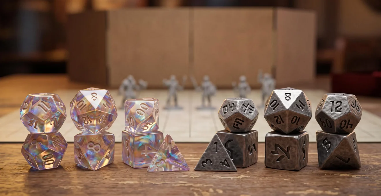 Set de dés de jeu de rôle aux teintes contrastées posé sur une table en bois, illustrant le choix entre esthétique et fonctionnalité