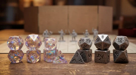 Set de dés de jeu de rôle aux teintes contrastées posé sur une table en bois, illustrant le choix entre esthétique et fonctionnalité