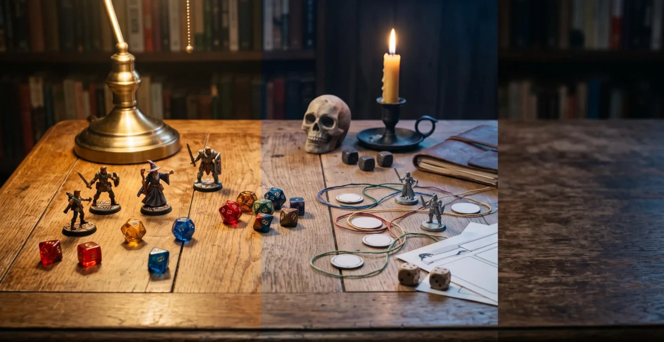 Table de jeu de rôle avec dés polyédriques, figurines et feuilles de personnage illustrant trois styles de jeu différents