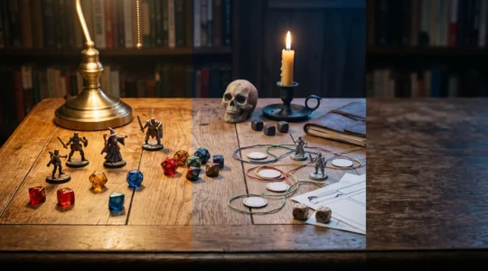 Table de jeu de rôle avec dés polyédriques, figurines et feuilles de personnage illustrant trois styles de jeu différents