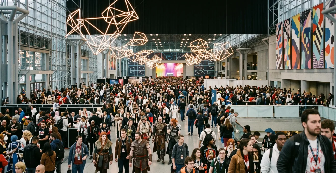 Foule diversifiée rassemblée dans un grand hall d'exposition dédié à la pop culture, illustrant la normalisation de la culture geek dans la société contemporaine