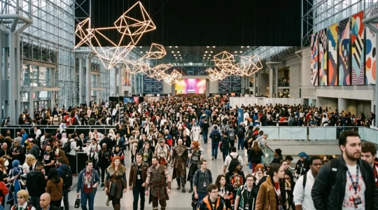 Foule diversifiée rassemblée dans un grand hall d'exposition dédié à la pop culture, illustrant la normalisation de la culture geek dans la société contemporaine