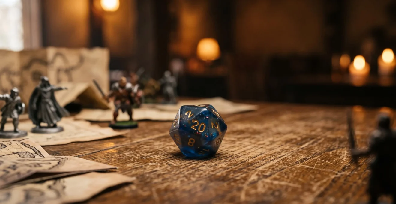 Un de a vingt faces pose sur une table de jeu de role, symbole de l'equilibre des rencontres en JDR