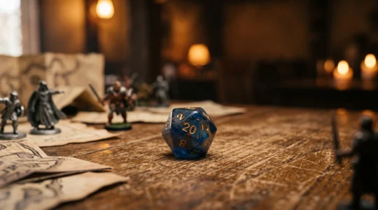 Un de a vingt faces pose sur une table de jeu de role, symbole de l'equilibre des rencontres en JDR