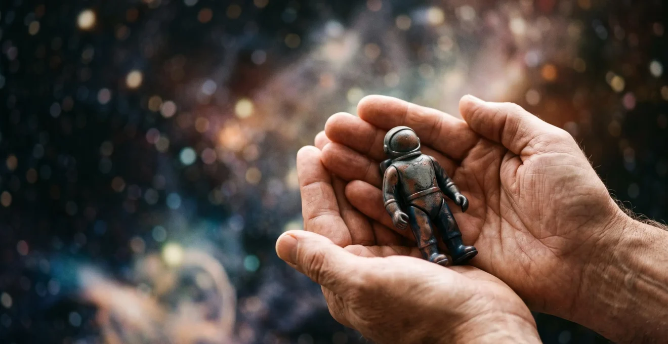 Une figurine de collection tenue dans la paume d'une main, symbolisant la naissance d'un empire culturel à partir d'un simple objet dérivé