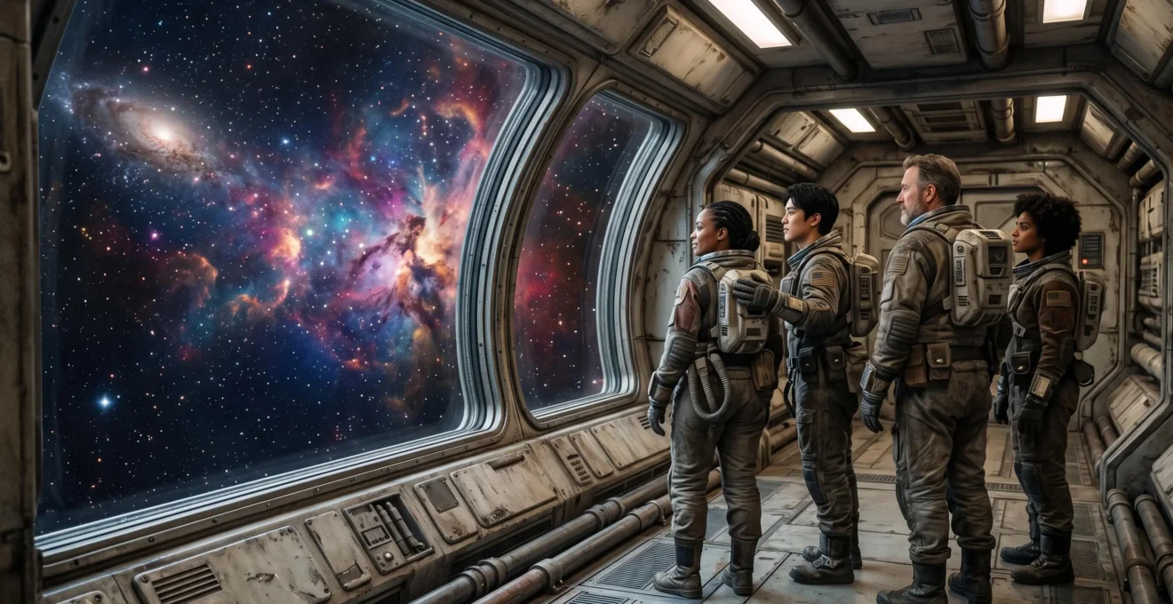 Un equipage heteroclite de science-fiction observe une nebuleuse depuis la coursive vitree d'un vaisseau spatial