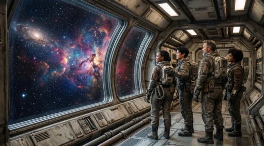 Un equipage heteroclite de science-fiction observe une nebuleuse depuis la coursive vitree d'un vaisseau spatial