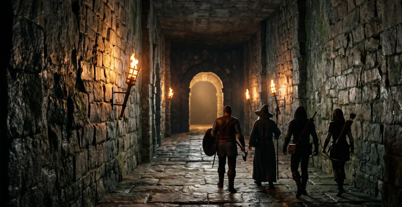 Aventuriers explorant un couloir de donjon fantastique eclaire a la torche, ambiance JDR et jeu de plateau
