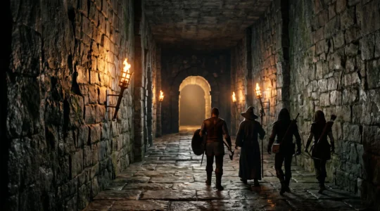 Aventuriers explorant un couloir de donjon fantastique eclaire a la torche, ambiance JDR et jeu de plateau