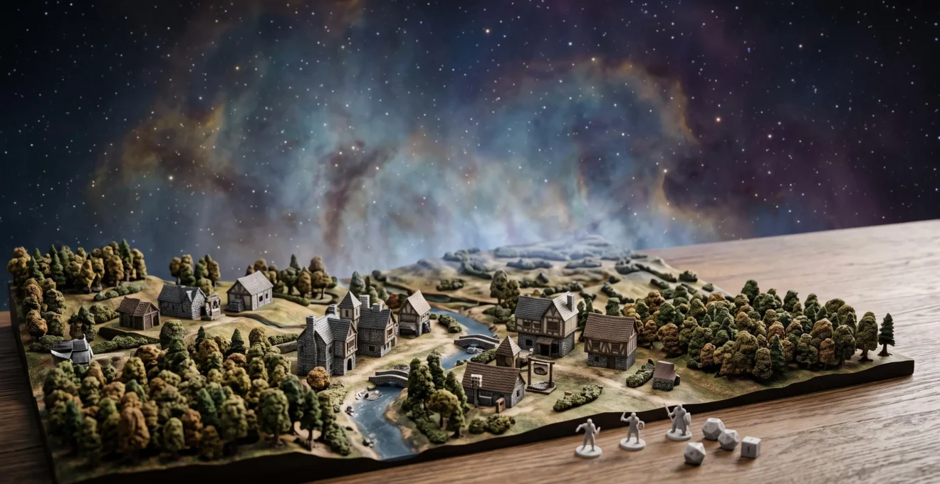 Paysage miniature de jeu de role s'ouvrant vers un horizon etoile, symbolisant l'extension d'un monde de jeu