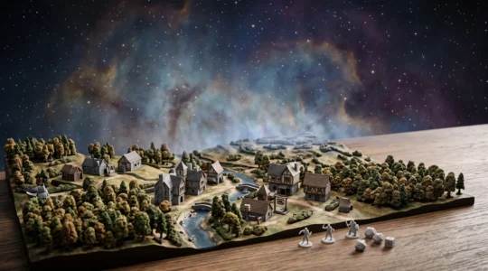 Paysage miniature de jeu de role s'ouvrant vers un horizon etoile, symbolisant l'extension d'un monde de jeu