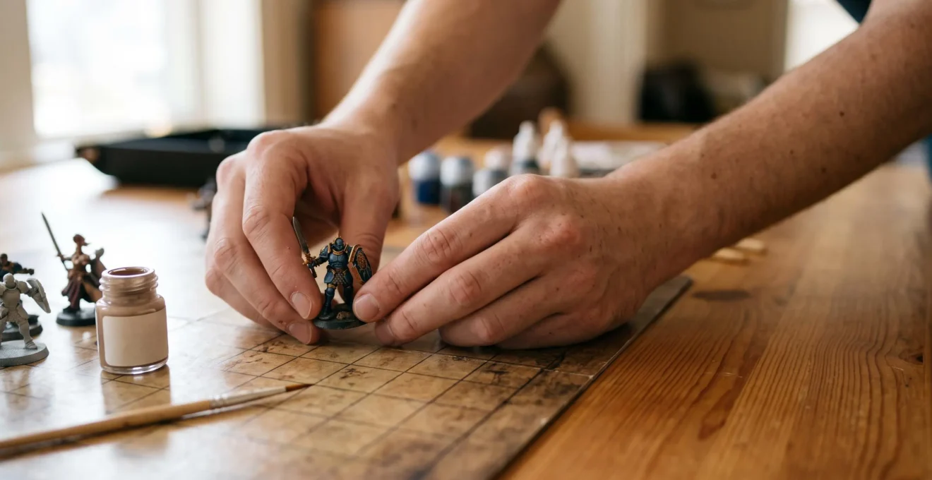 Table de jeu de rôle avec des figurines peintes à la main disposées sur un plateau de combat en bois, éclairage doux