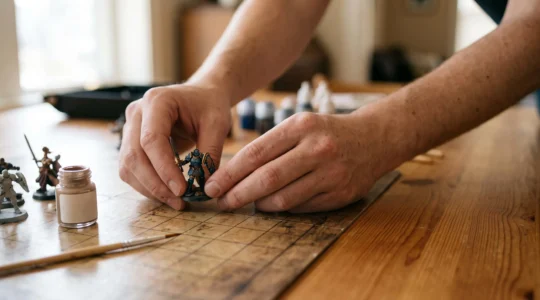 Table de jeu de rôle avec des figurines peintes à la main disposées sur un plateau de combat en bois, éclairage doux
