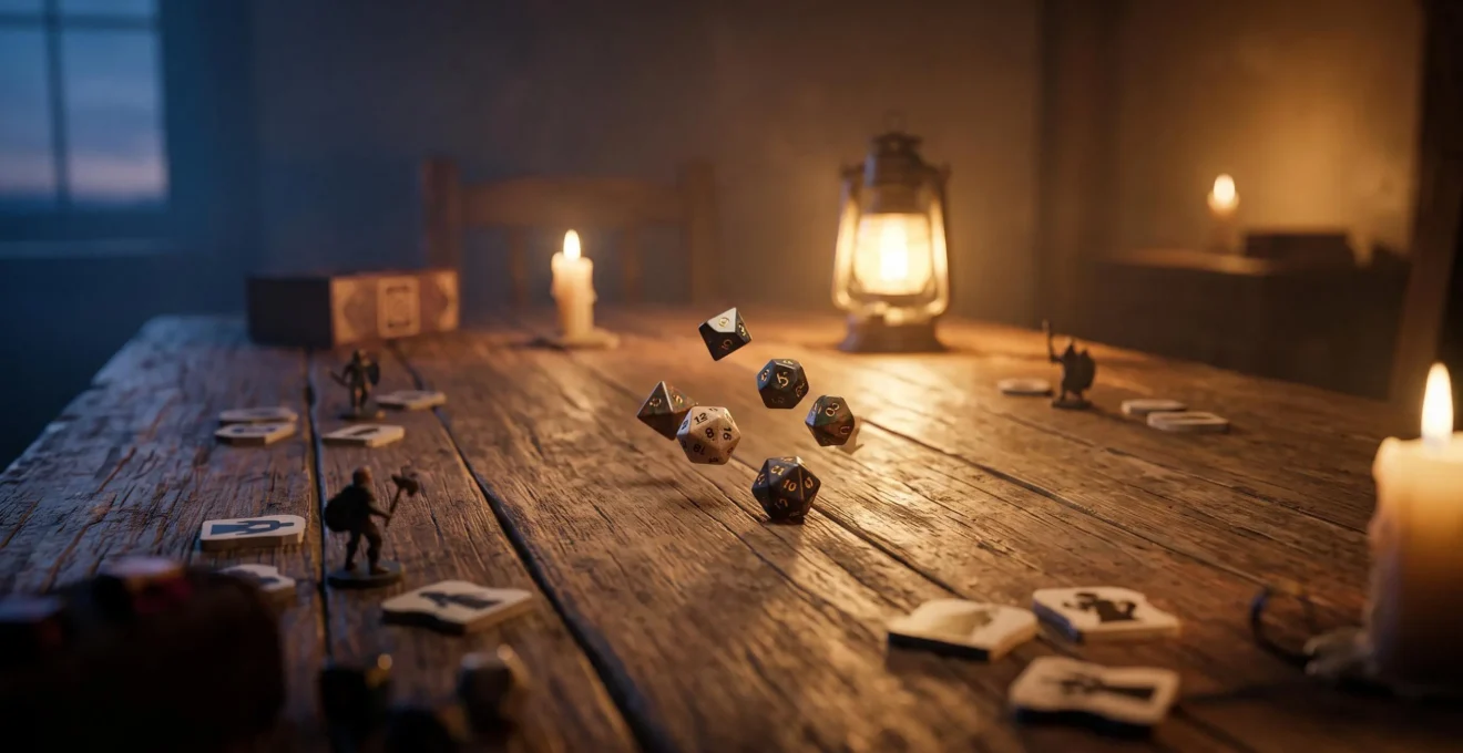 Table de jeu de role eclairee chaleureusement avec des des en plein lancer, symbolisant le flux narratif ininterrompu d'une session du debut a la fin