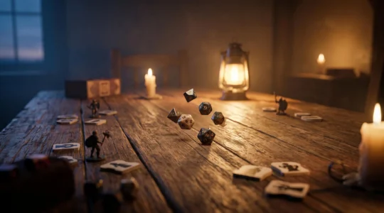 Table de jeu de role eclairee chaleureusement avec des des en plein lancer, symbolisant le flux narratif ininterrompu d'une session du debut a la fin