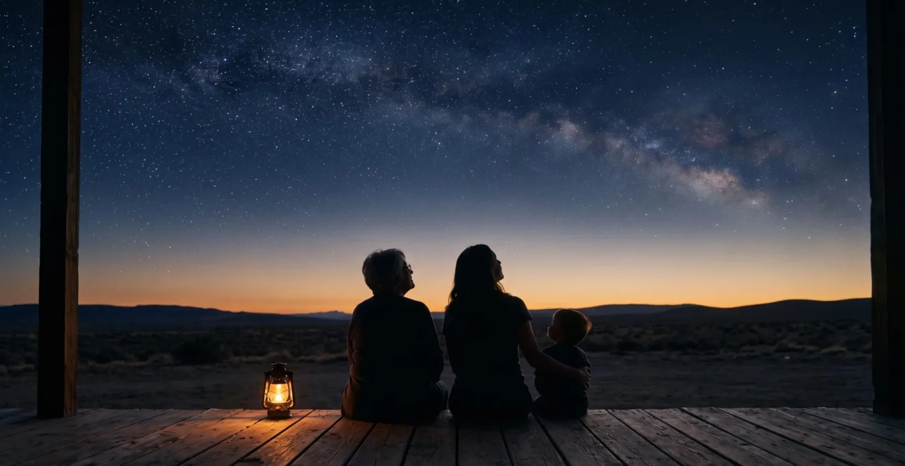 Trois générations silhouettées de dos regardant un ciel étoilé, symbolisant la transmission universelle d'une saga culte de science-fiction