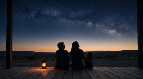 Trois générations silhouettées de dos regardant un ciel étoilé, symbolisant la transmission universelle d'une saga culte de science-fiction