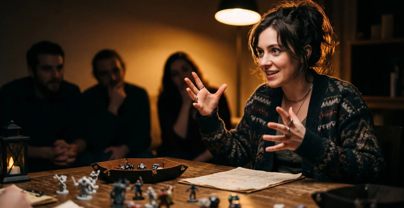 Un maitre du jeu plonge ses joueurs dans une aventure immersive autour d'une table eclairee par une lumiere chaude