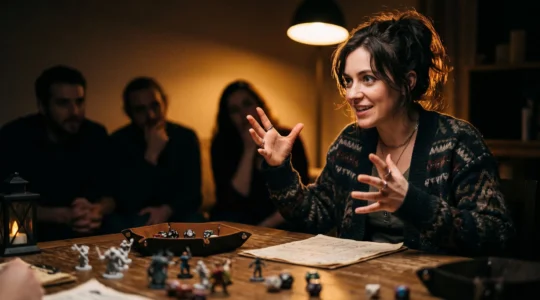 Un maitre du jeu plonge ses joueurs dans une aventure immersive autour d'une table eclairee par une lumiere chaude