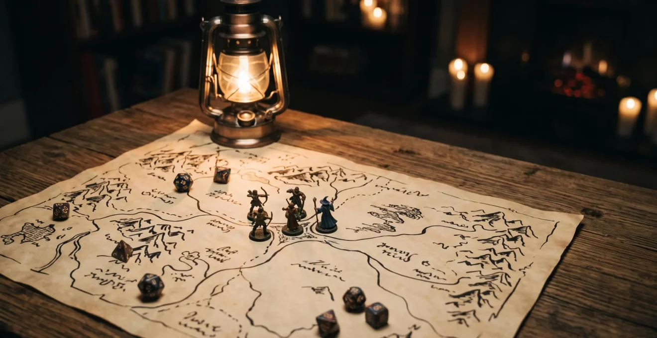 Un maitre de jeu compose une scene de jeu de role autour d'une carte manuscrite, de des et de figurines, symbolisant la creation d'un scenario memorable