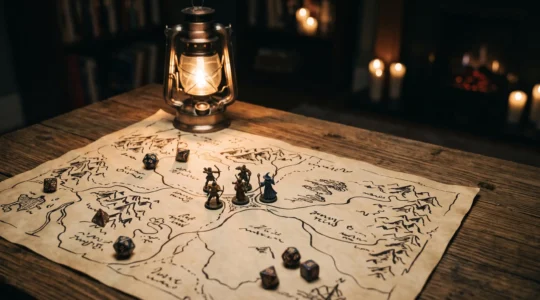 Un maitre de jeu compose une scene de jeu de role autour d'une carte manuscrite, de des et de figurines, symbolisant la creation d'un scenario memorable