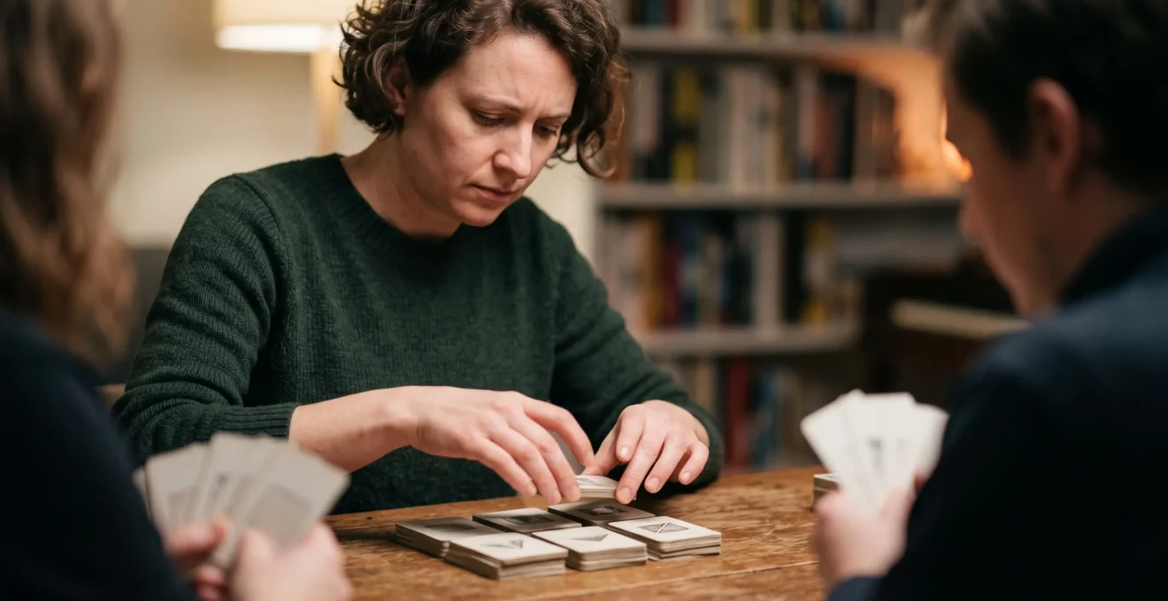 Joueur concentré construisant stratégiquement son paquet de cartes lors d'une partie de deckbuilding