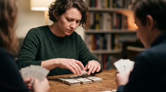 Joueur concentré construisant stratégiquement son paquet de cartes lors d'une partie de deckbuilding