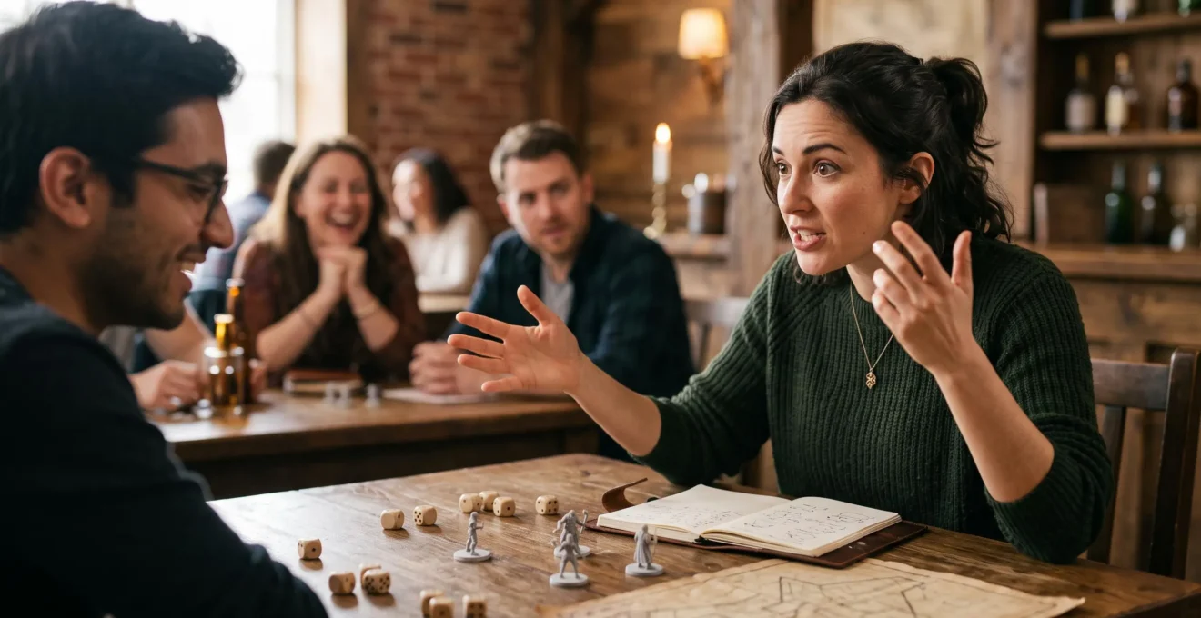 Meneur de jeu incarnant avec intensité un personnage non-joueur devant des joueurs captivés autour d'une table de jeu de rôle