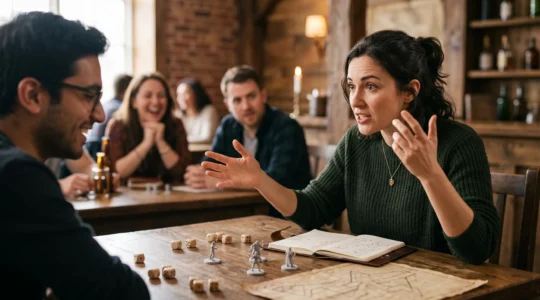 Meneur de jeu incarnant avec intensité un personnage non-joueur devant des joueurs captivés autour d'une table de jeu de rôle