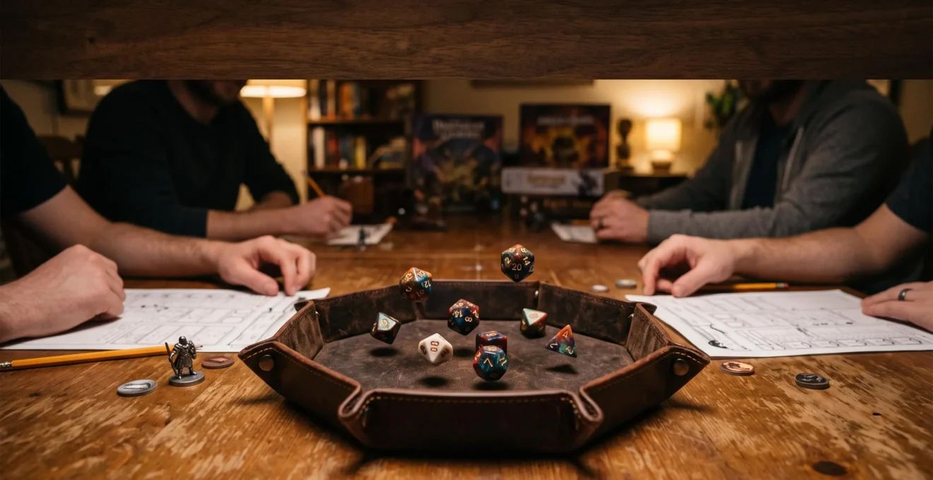 Piste de lancer en cuir posée sur une table de jeu de rôle avec des dés en plein mouvement, ambiance tamisée et immersive