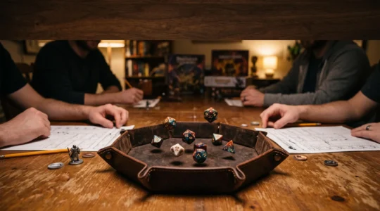 Piste de lancer en cuir posée sur une table de jeu de rôle avec des dés en plein mouvement, ambiance tamisée et immersive
