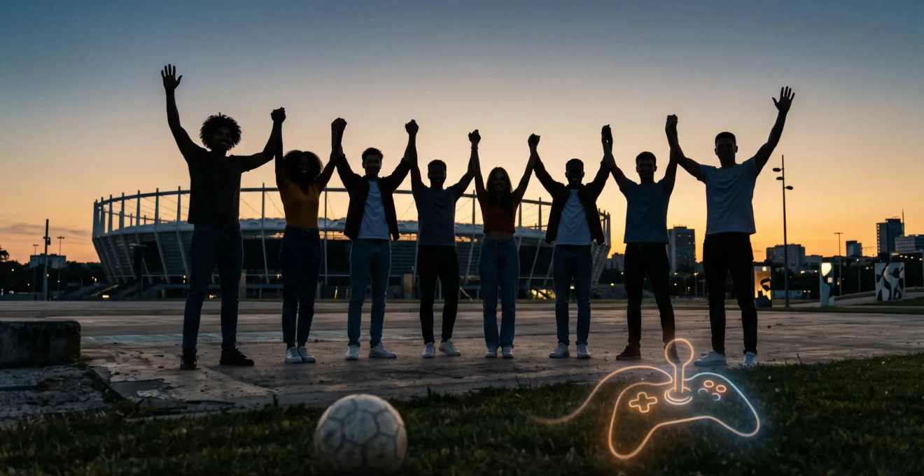 Composition symbolique mêlant univers du jeu vidéo et du sport illustrant la construction d'une identité collective au 21e siècle